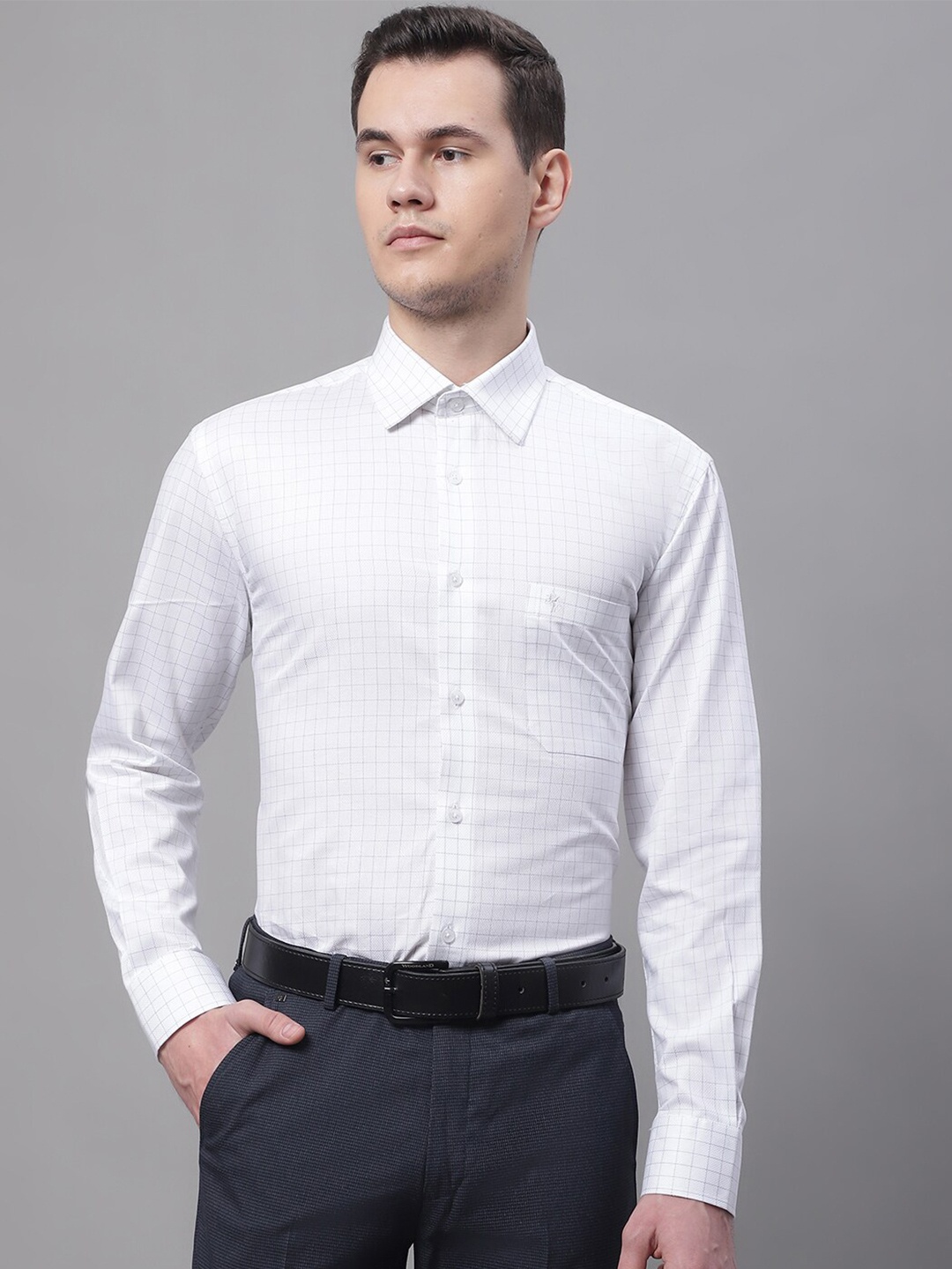 

Cantabil Men White Grid Tattersall Checked Cotton Formal Shirt