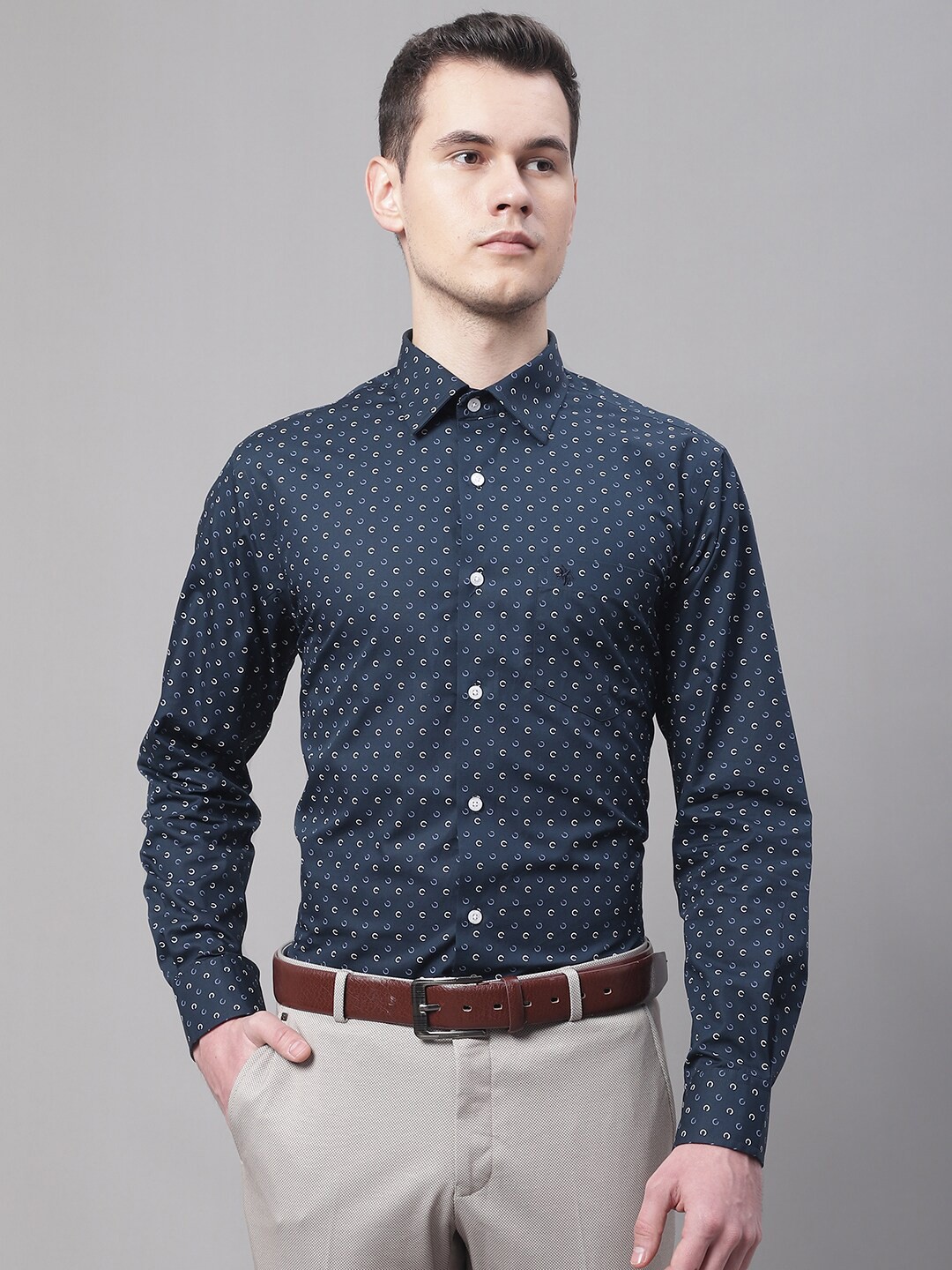 

Cantabil Men Printed Cotton Formal Shirt, Navy blue