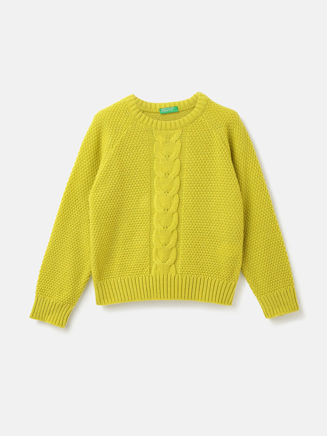 

United Colors of Benetton Girls Round Neck Cable Knit Pullover Cotton Sweater, Lime green