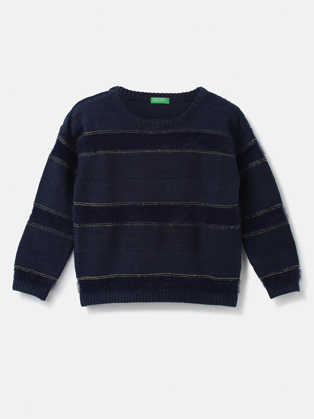 

United Colors of Benetton Girls Round Neck Striped Pullover Woolen Sweater, Navy blue