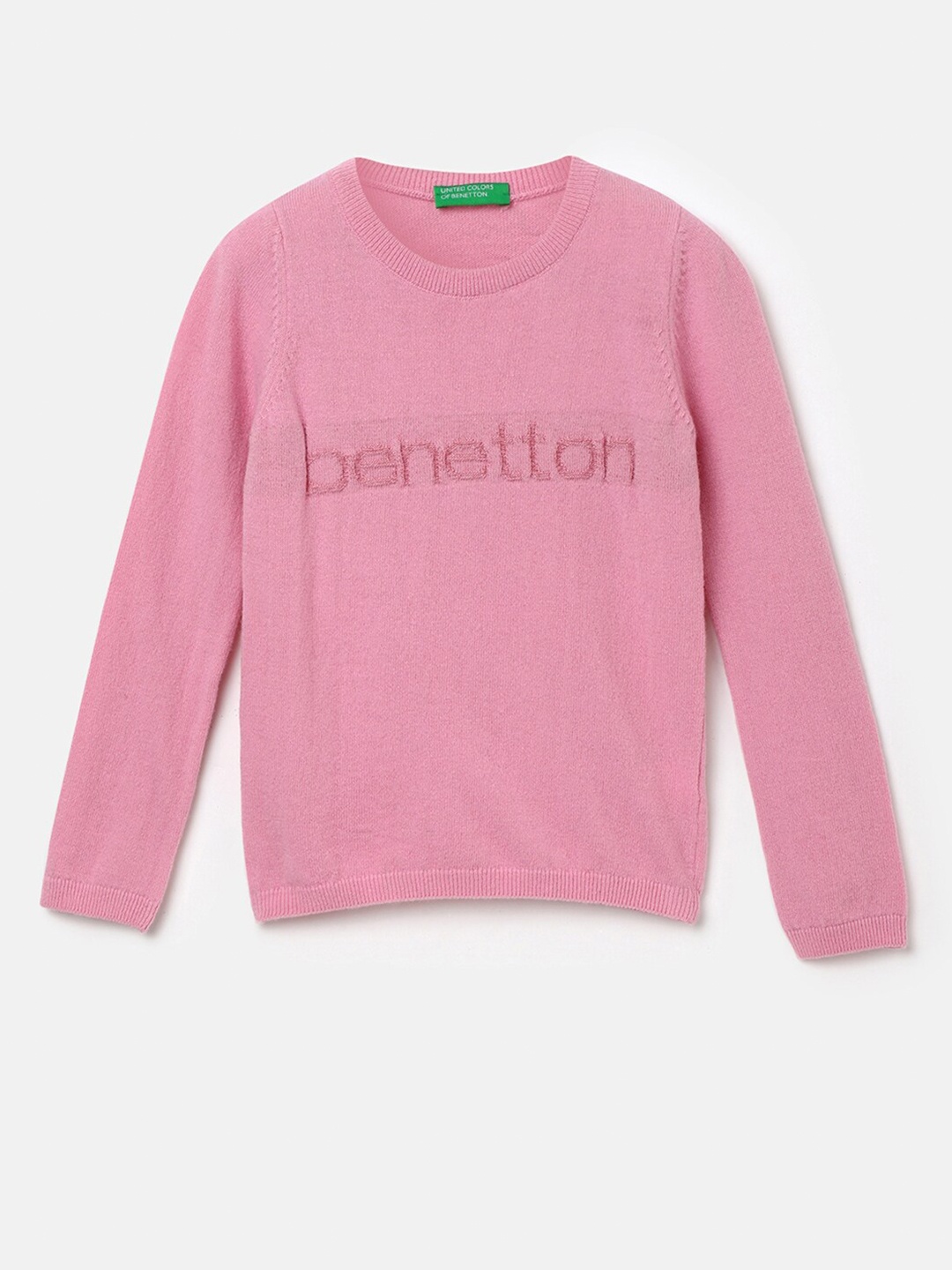 

United Colors of Benetton Girls Round Neck Typography Pullover Sweater, Pink