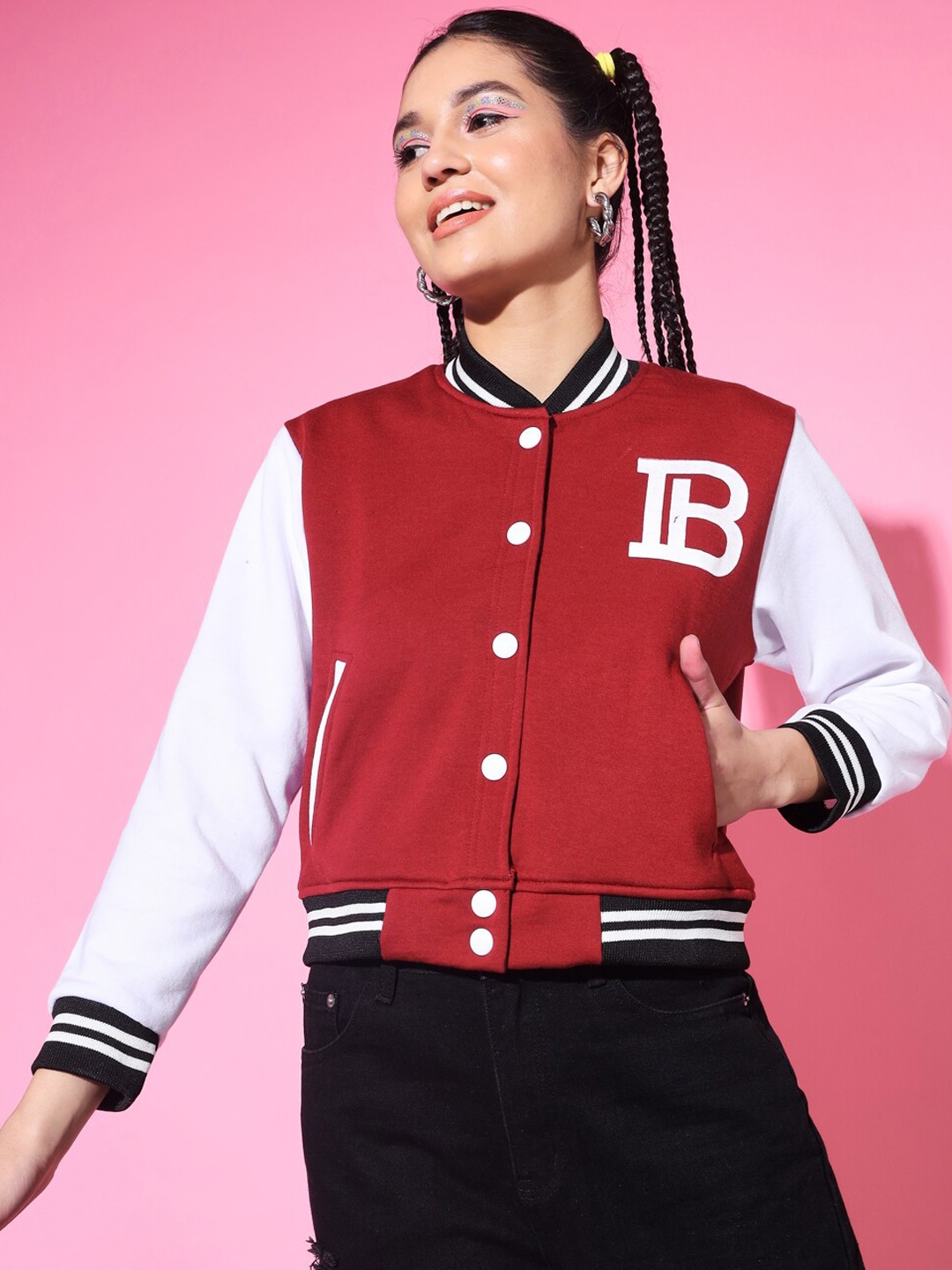

BUY NEW TREND Women Colourblocked Fleece Varsity Jacket, Maroon