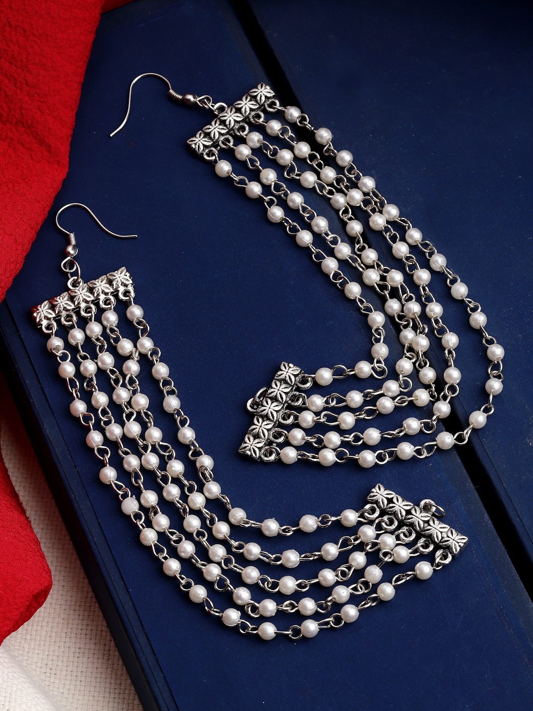 

PANASH Oxidised Silver-Plated Pearls Layered Ear Chains