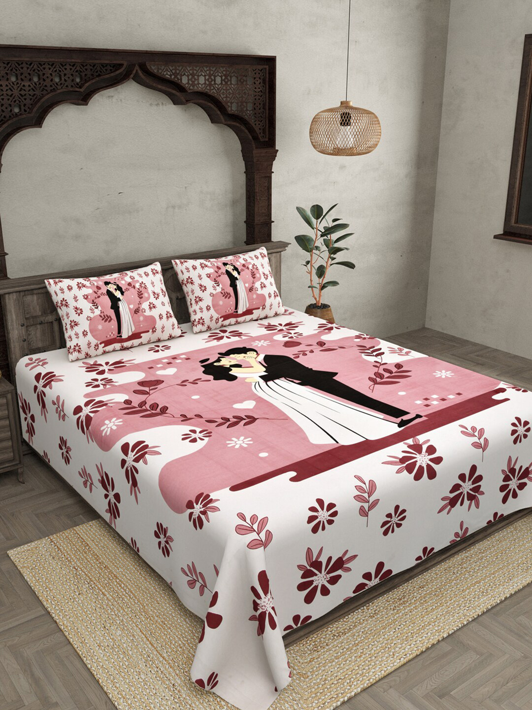 

JAIPUR FABRIC Pink & White Pure Cotton 180 TC Queen Bedsheet with 2 Pillow Covers