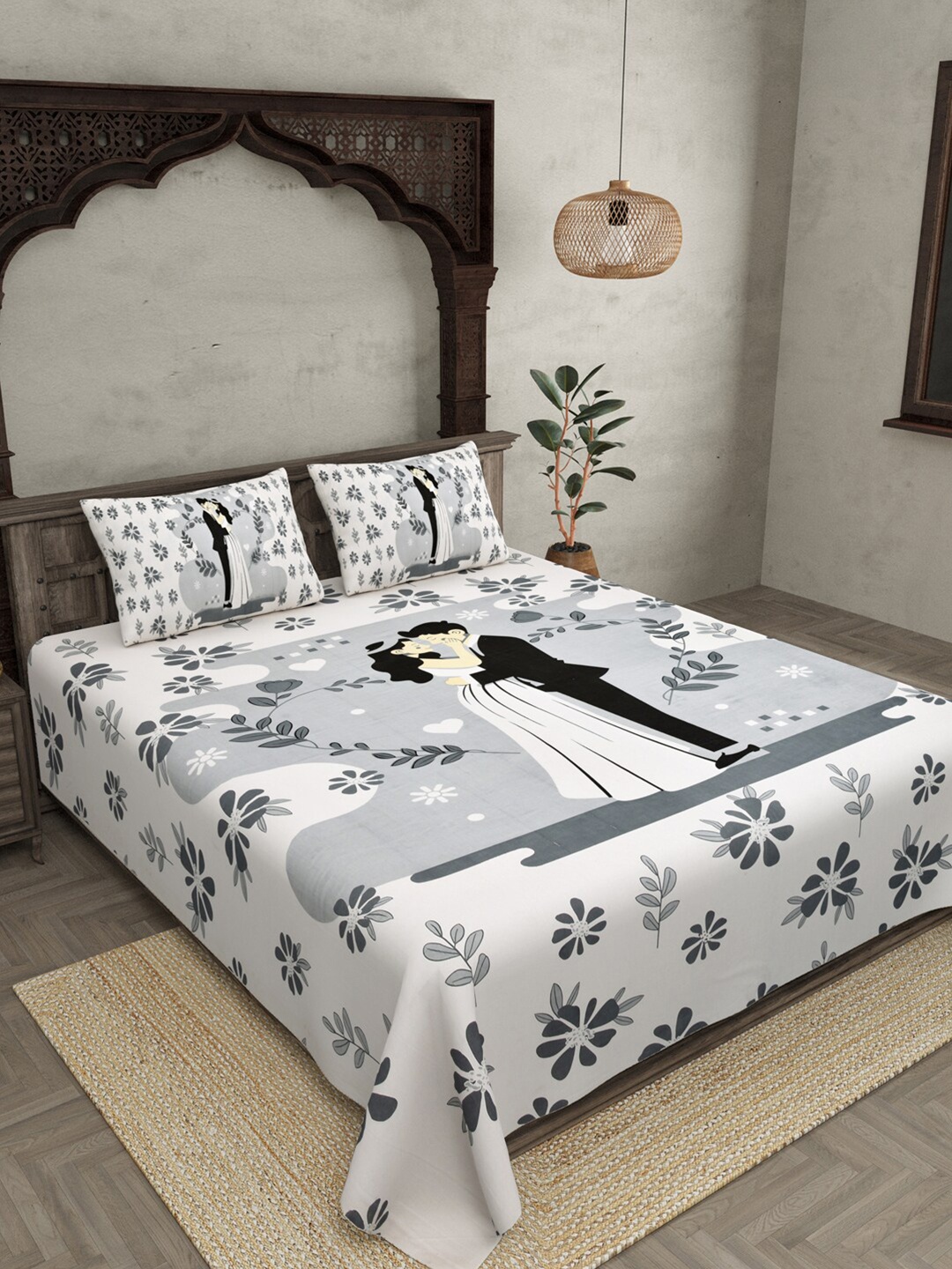 

JAIPUR FABRIC Grey & White Pure Cotton 180 TC Queen Bedsheet with 2 Pillow Covers