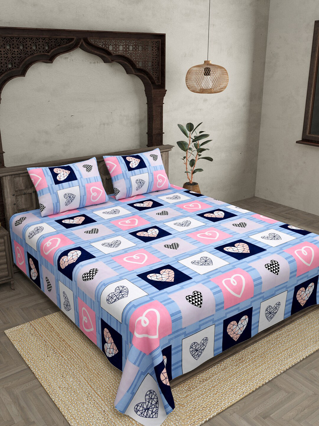

JAIPUR FABRIC Blue & Pink Conversational 150 TC Queen Bedsheet with 2 Pillow Covers