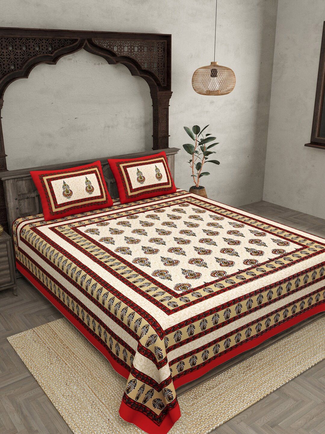 

JAIPUR FABRIC Maroon & Cream-Coloured Ethnic Motifs 150 TC Queen Bedsheet with 2 Pillow Covers