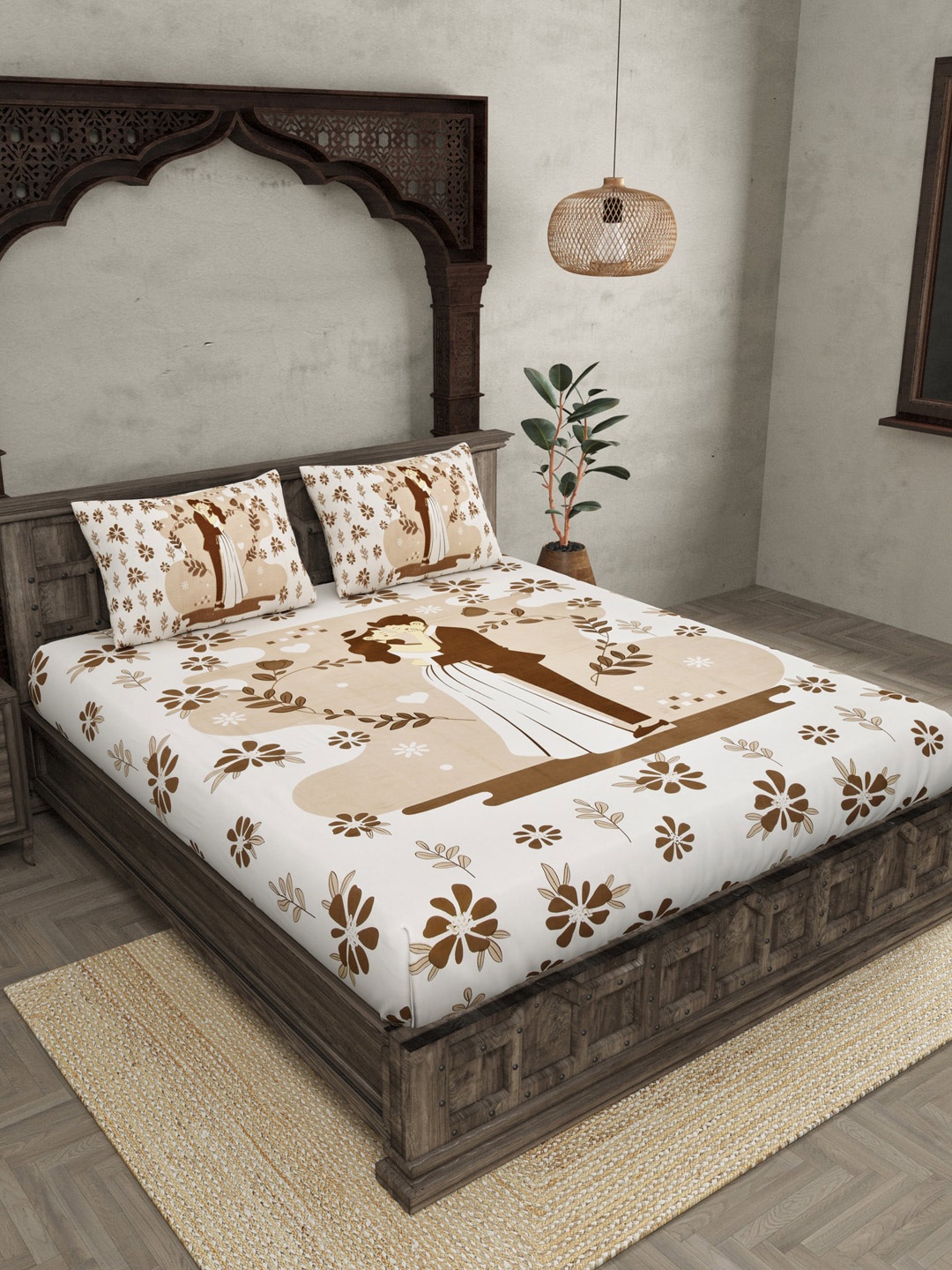 

JAIPUR FABRIC Brown & White Conversational 180 TC Queen Bedsheet with 2 Pillow Covers