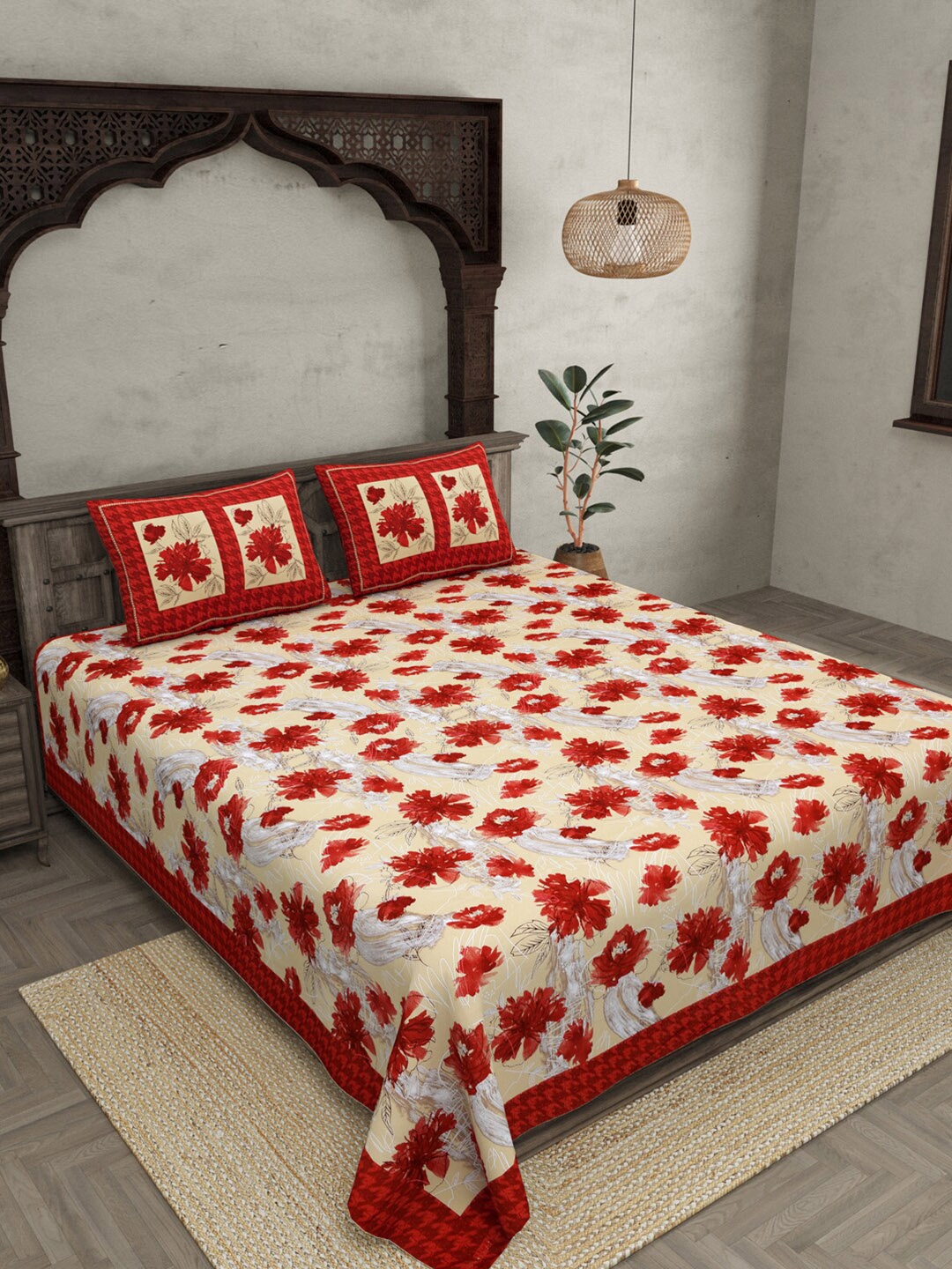 

JAIPUR FABRIC Red Floral King Bedsheet with 2 Pillow Covers