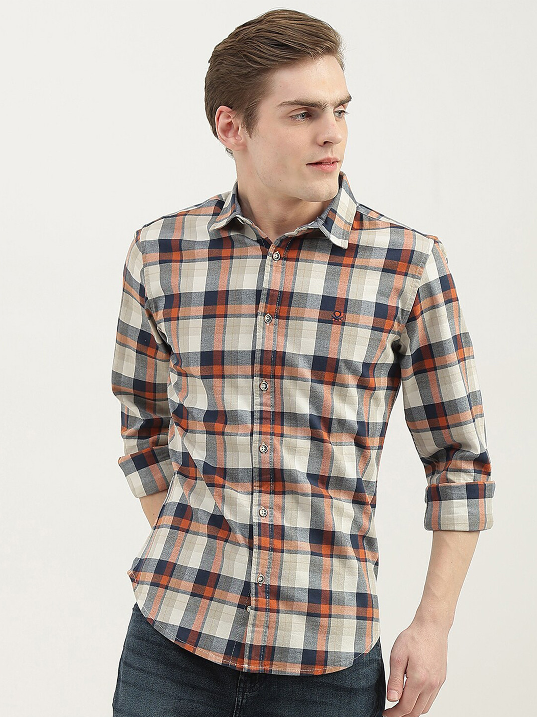 

United Colors of Benetton Men Slim Fit Tartan Checks Checked Cotton Casual Shirt, Grey