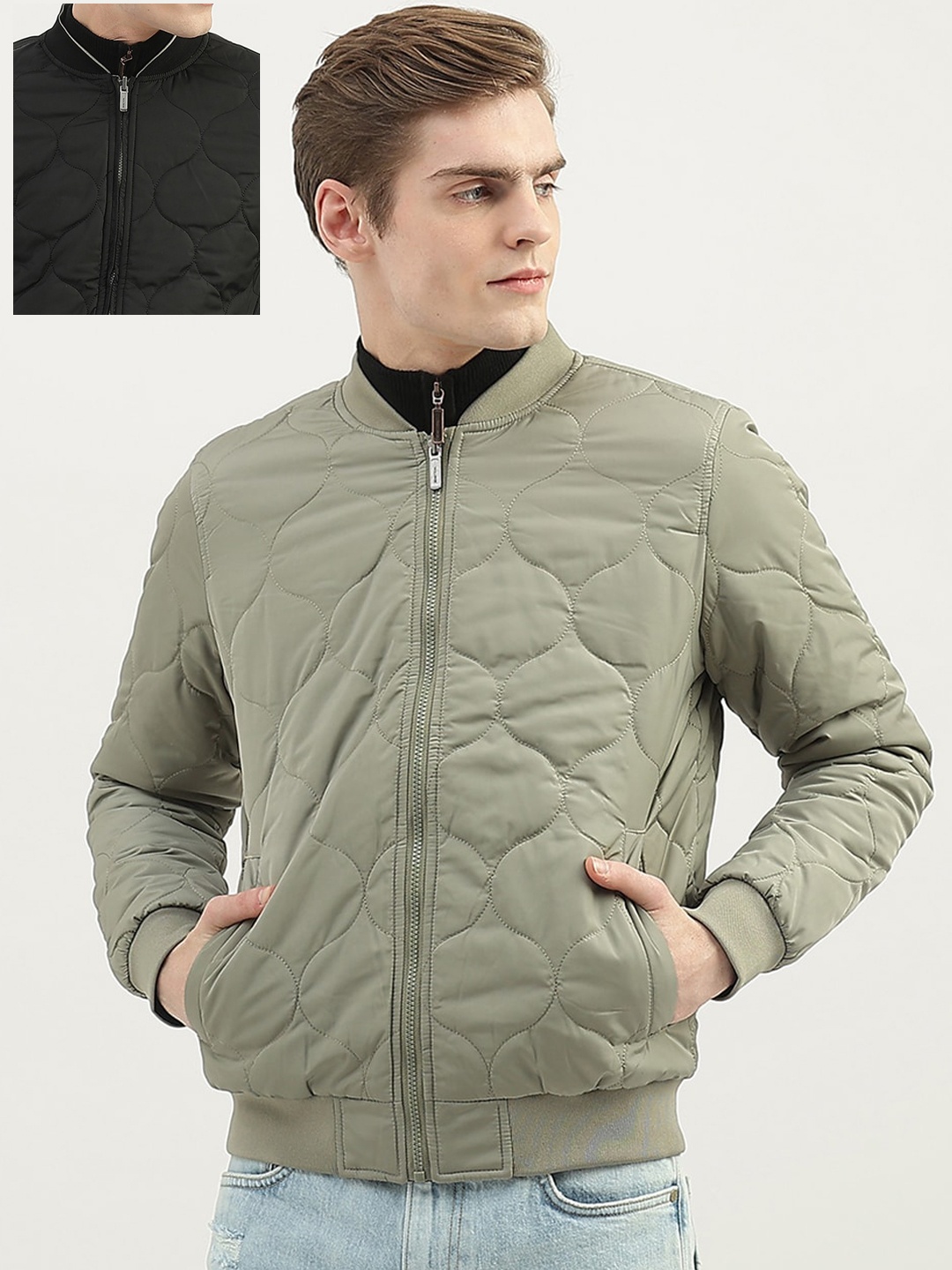 

United Colors of Benetton Men Black Olive Green Reversible Quilted Jacket