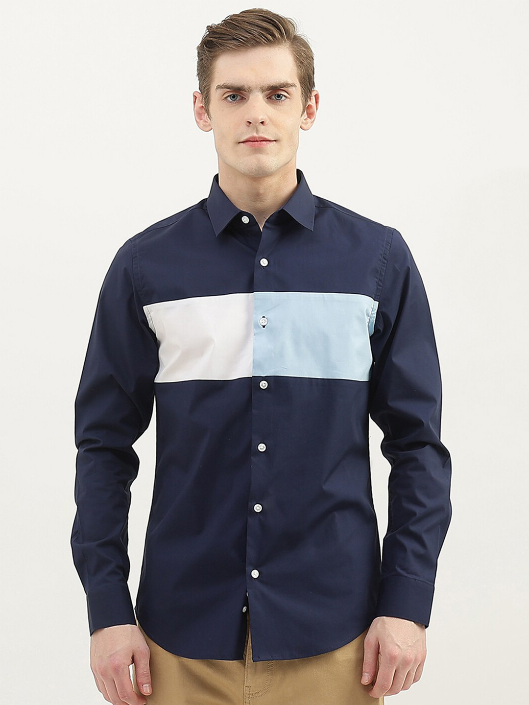 

United Colors of Benetton Men Slim Fit Colourblocked Cotton Casual Shirt, Navy blue