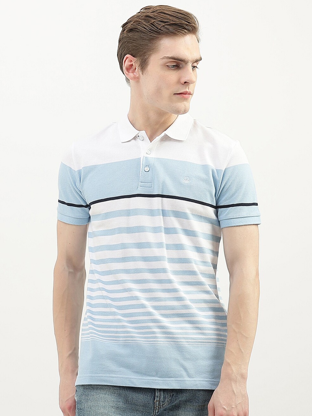 

United Colors of Benetton Men Striped Polo Collar Cotton T-shirt, Blue
