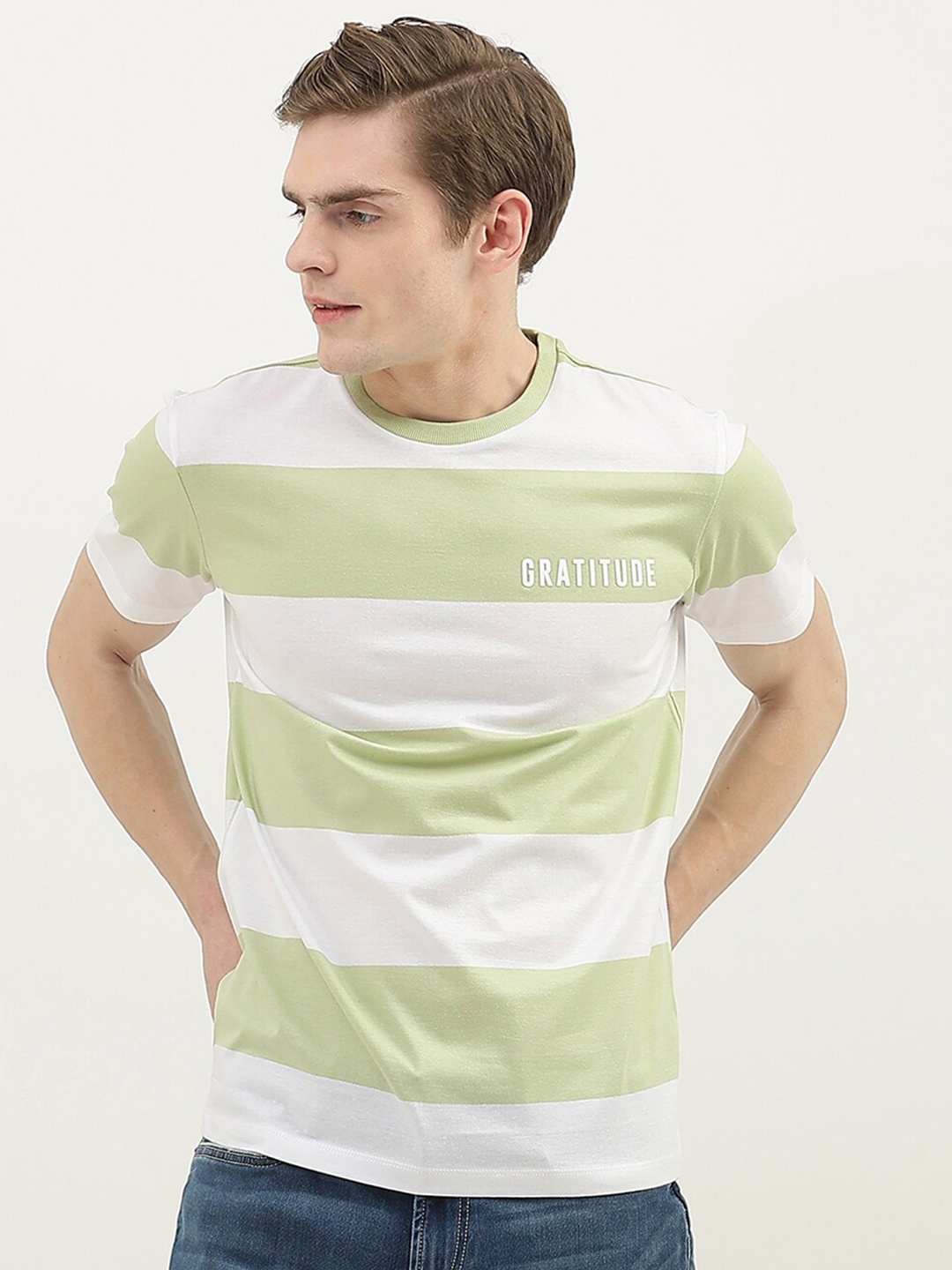 

United Colors of Benetton Men Striped Round Neck Cotton T-shirt, White