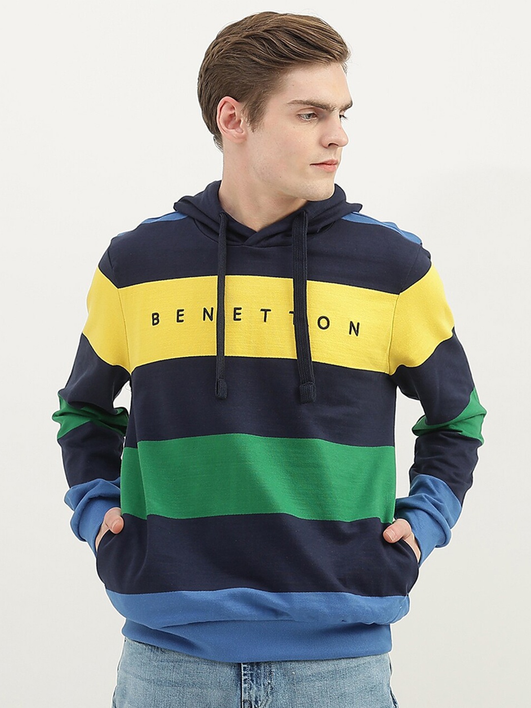 

United Colors of Benetton Men Striped Hooded Cotton Sweatshirt, Blue