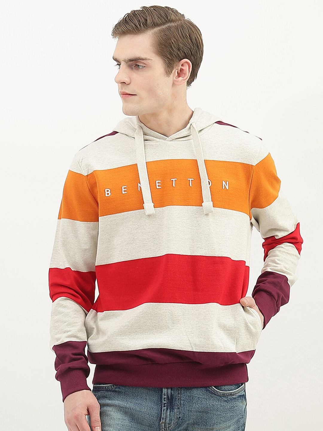 

United Colors of Benetton Men Striped Hooded Cotton Sweatshirt, Off white