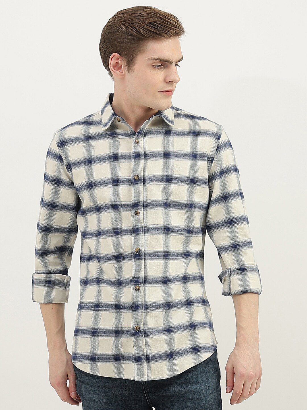 

United Colors of Benetton Men Slim Fit Tartan Checks Checked Casual Shirt, White