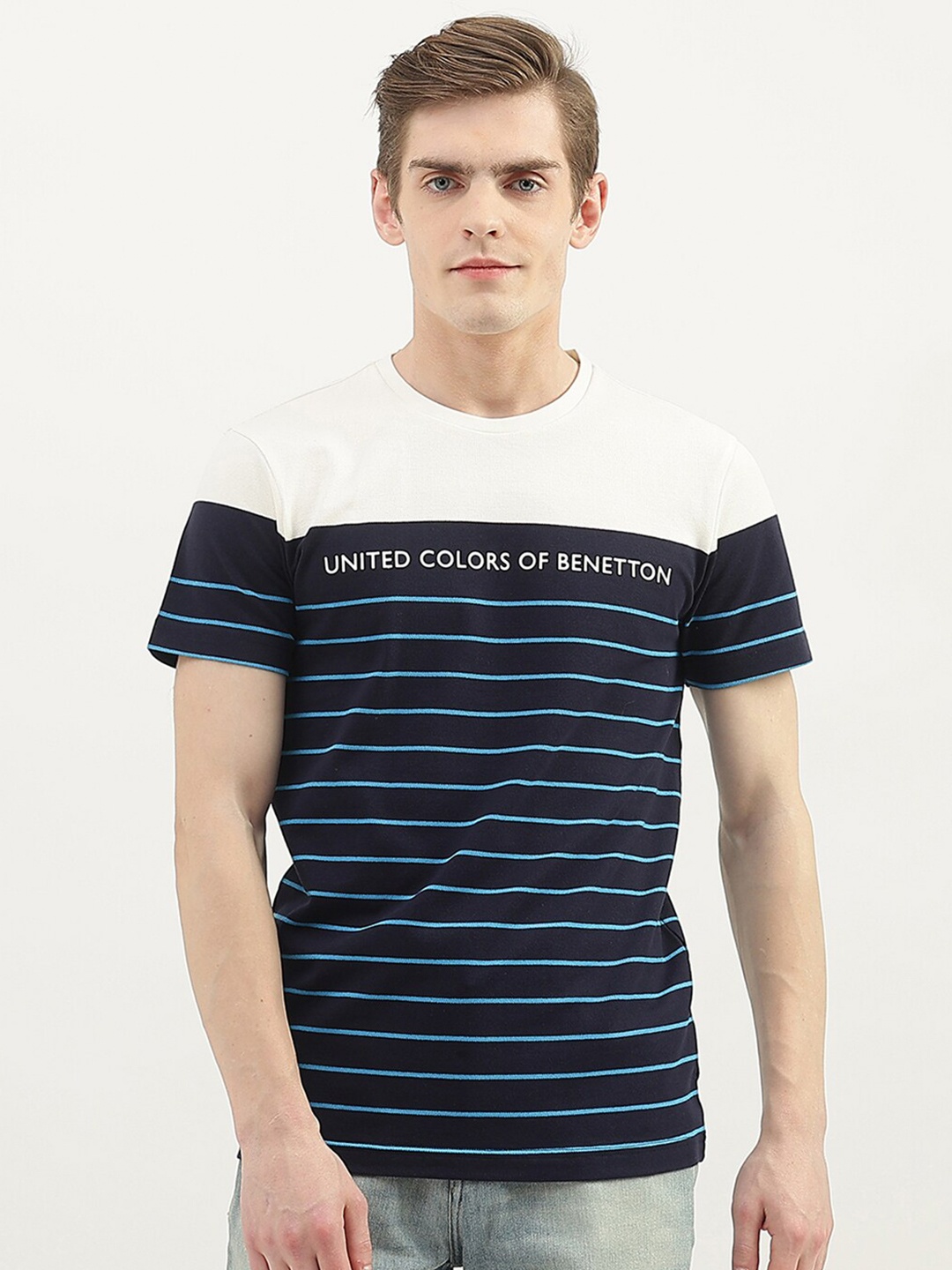 

United Colors of Benetton Men Striped Round Neck Cotton T-shirt, Navy blue