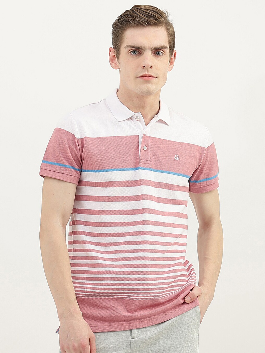 

United Colors of Benetton Men Striped Polo Collar Cotton T-shirt, Pink