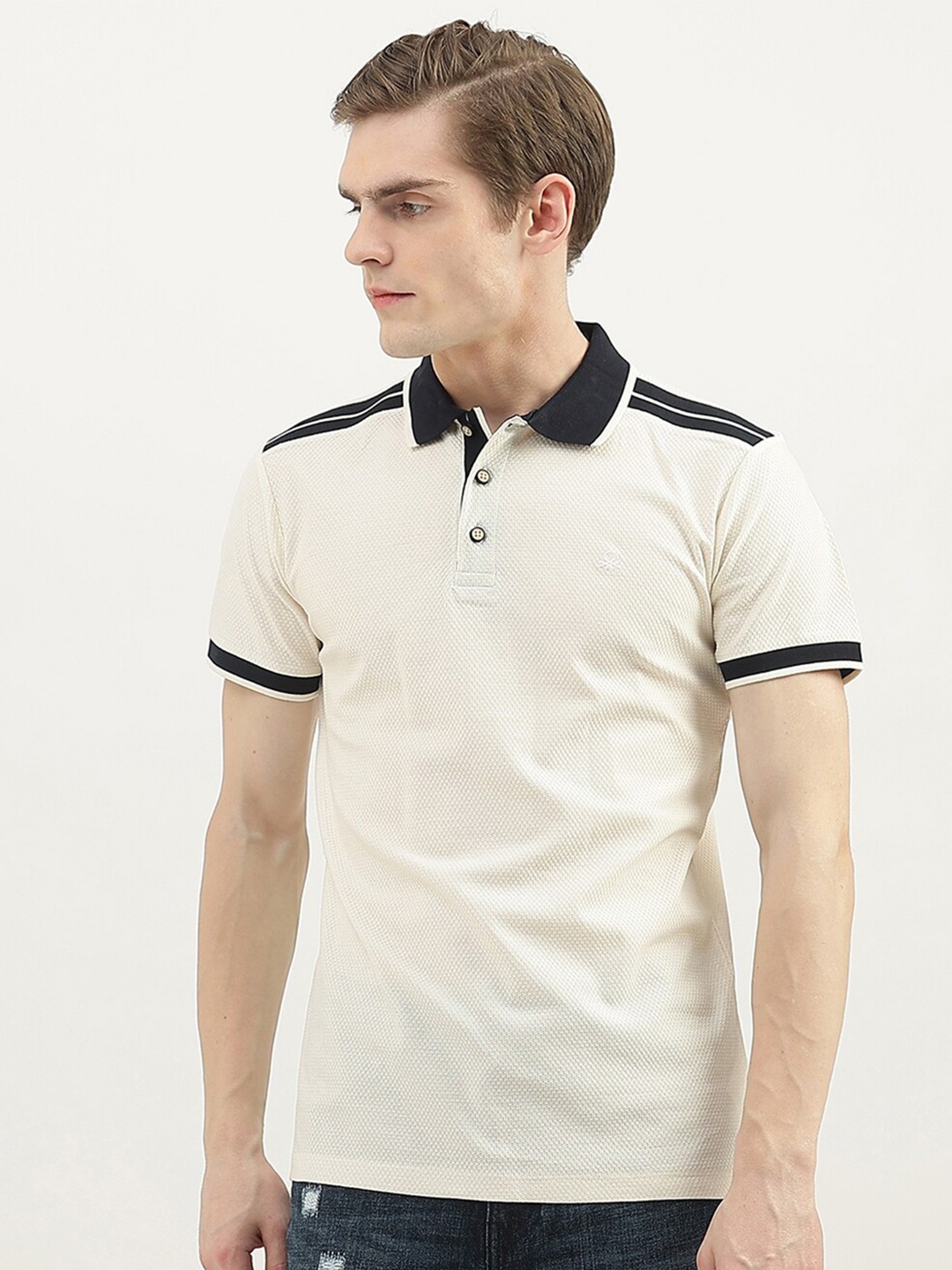 

United Colors of Benetton Men Textured Polo Collar Cotton T-shirt, Off white