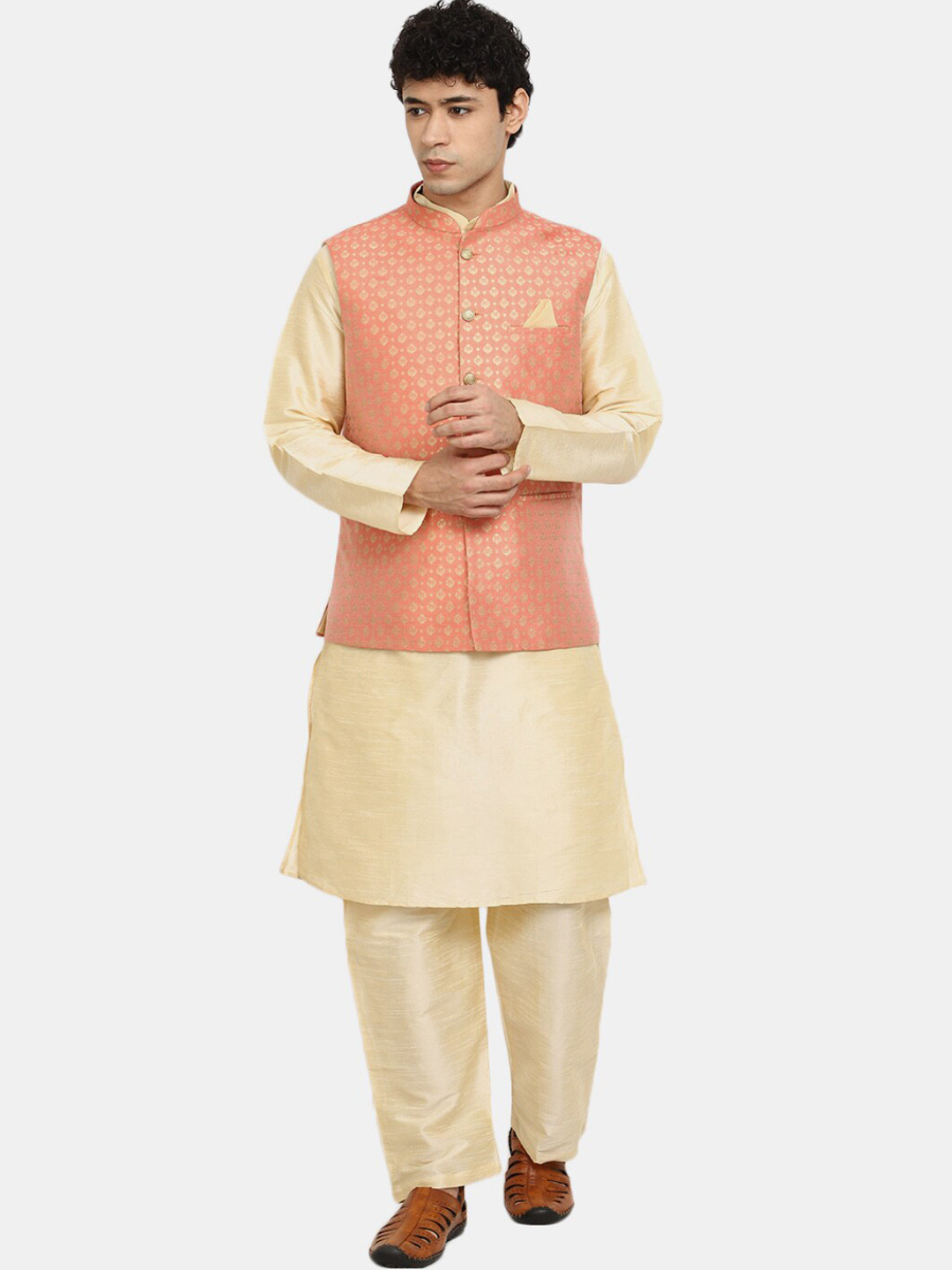 

V-Mart Men Mandarin Collar Kurta with Pyjamas, Beige