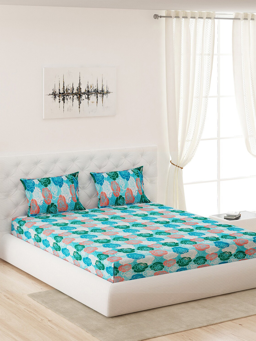 

Moca By Monte Carlo Blue 120 TC Pure Cotton 120 TC Queen Bedsheet With 2 Pillow Covers