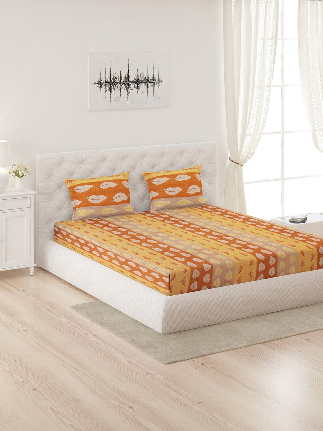 

Moca By Monte Carlo Yellow & Rust Pure Cotton 120 TC Queen Bedsheet with 2 Pillow Covers