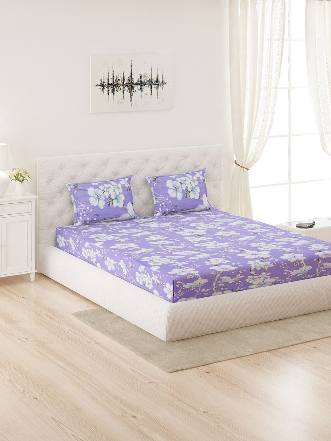 

Moca By Monte Carlo Purple & White Pure Cotton 144 TC Queen Bedsheet with 2 Pillow Covers
