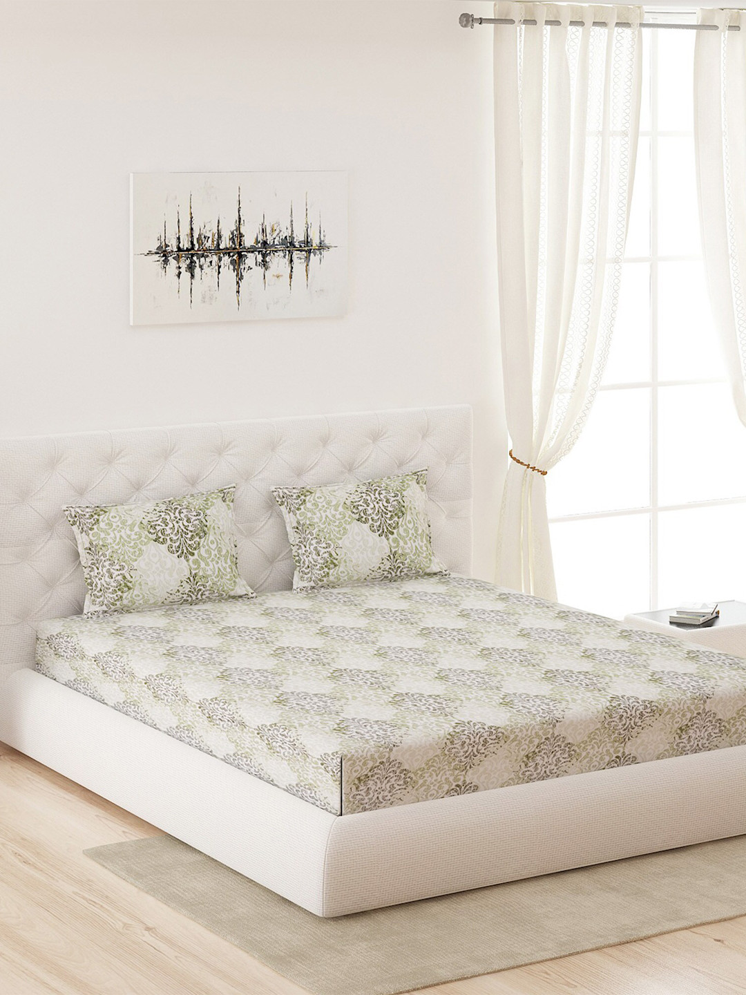 

Moca By Monte Carlo Olive Green Ethnic Motifs 200 TC King Bedsheet with 2 Pillow Covers