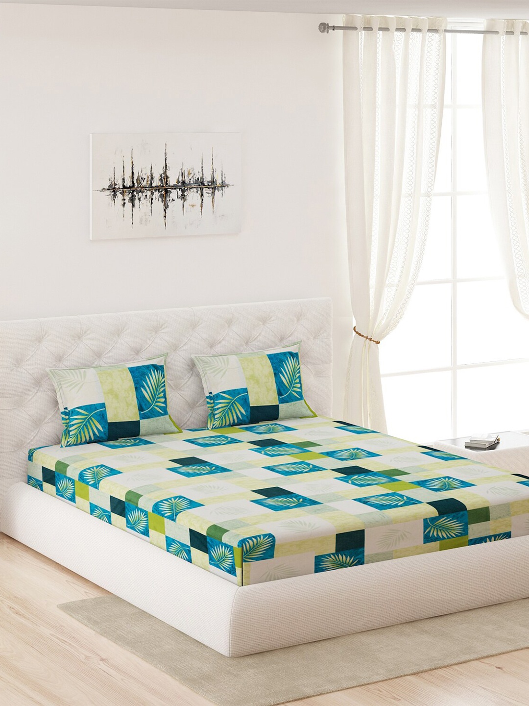 

Moca By Monte Carlo Green & Teal 120 TC Pure Cotton Queen Bedsheet With 2 Pillow Covers