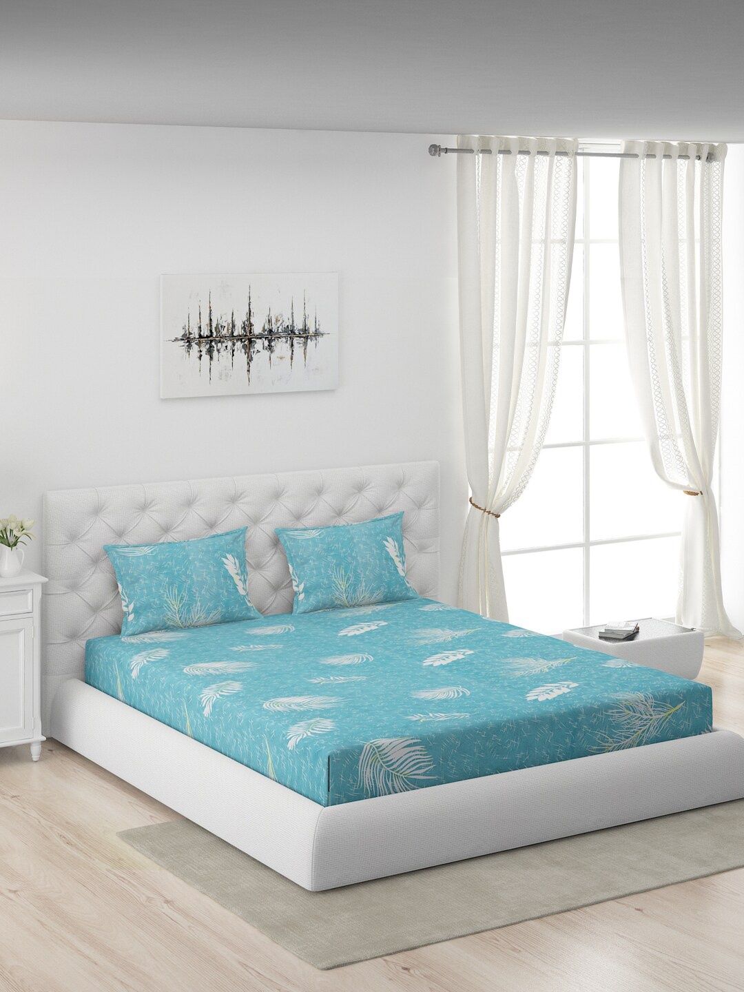 

Moca By Monte Carlo Teal & Blue Floral 104 TC Queen Bedsheet With 2 Pillow Covers