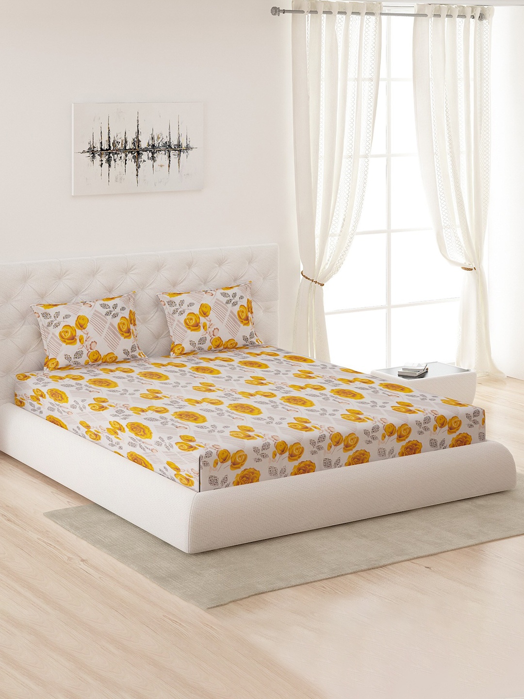 

Moca By Monte Carlo Cotton Floral 120 TC Queen Bedsheet with 2 Pillow Covers, White