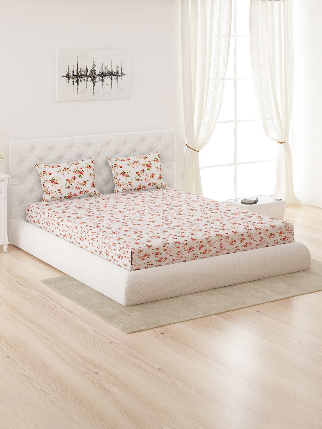

Moca By Monte Carlo Cotton Floral 144 TC Queen Bedsheet with 2 Pillow Covers, White