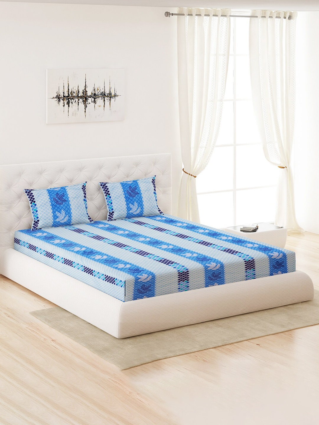 

Moca By Monte Carlo Cotton Floral 120 TC Queen Bedsheet with 2 Pillow Covers, Blue