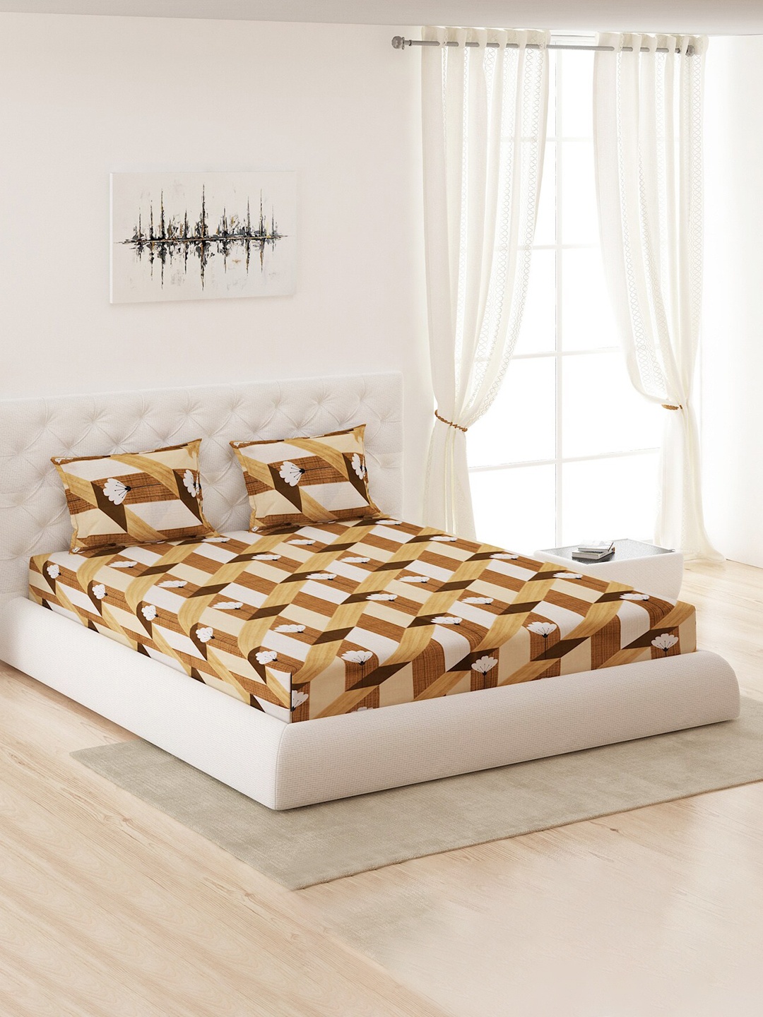 

Moca By Monte Carlo Coffee Brown Printed 120 TC Queen Bedsheet with 2 Pillow Covers