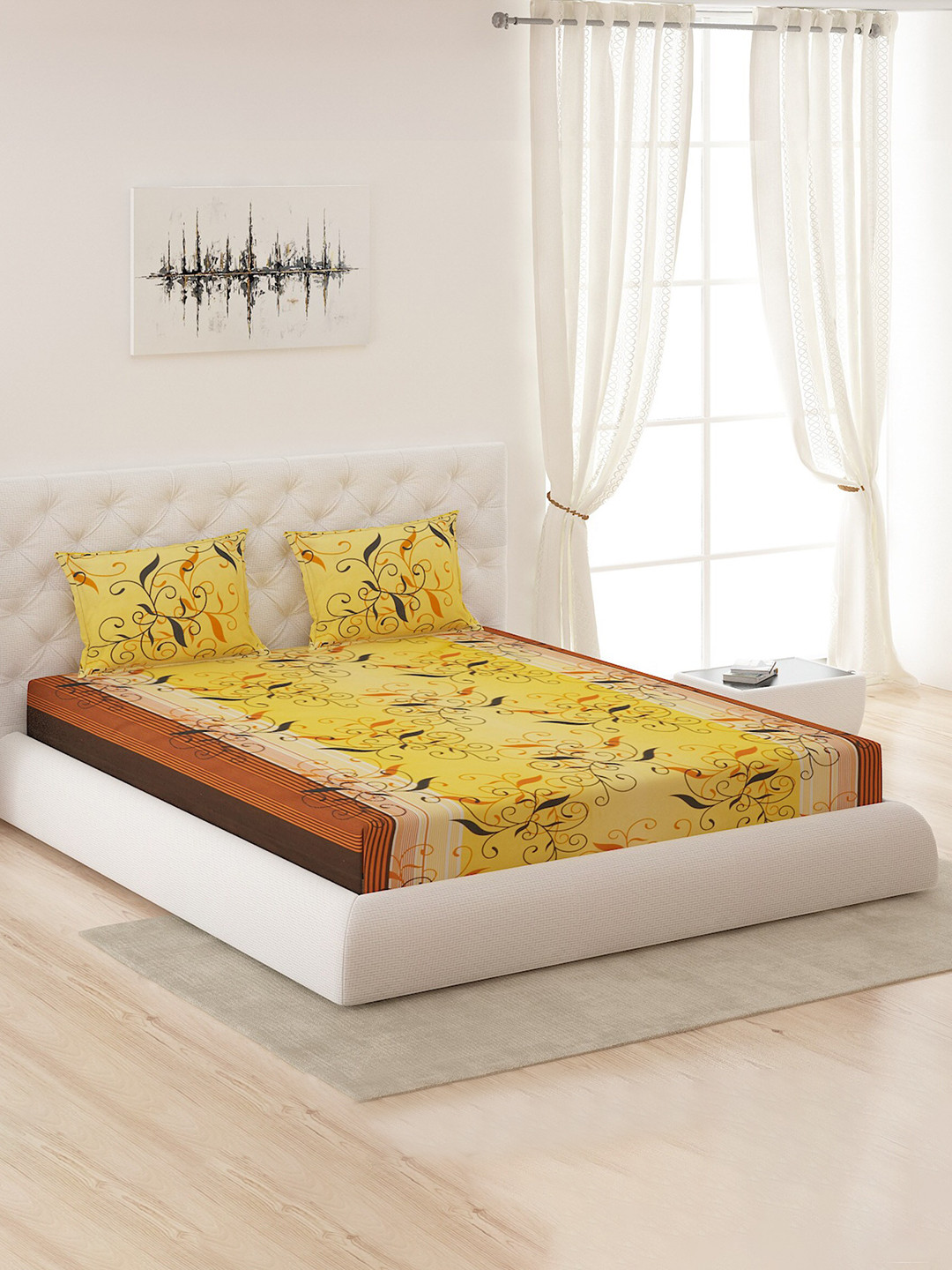 

Moca By Monte Carlo Yellow & Brown 104 TC Queen Bedsheet with 2 Pillow Covers