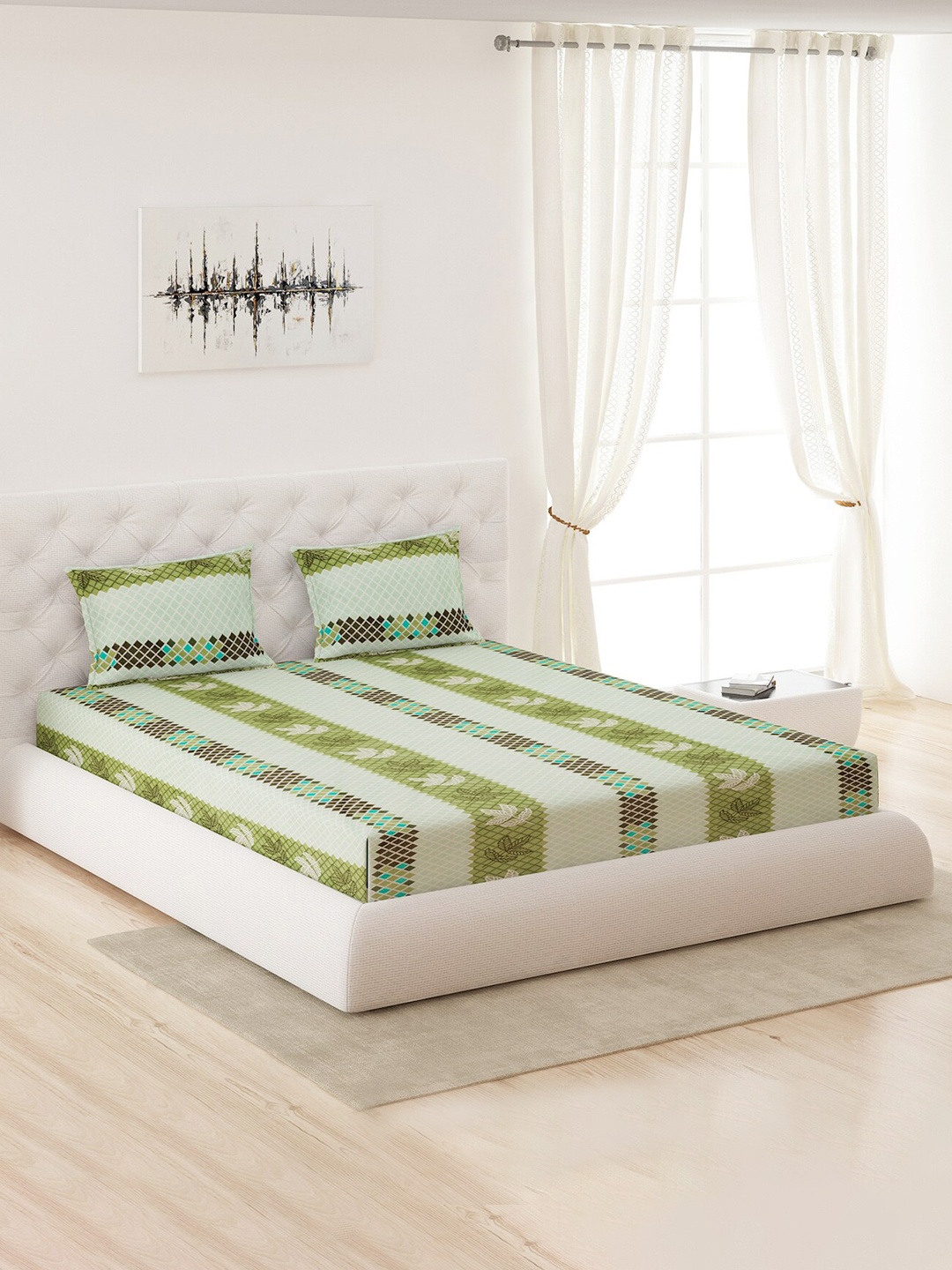 

Moca By Monte Carlo Green & White 120 TC Pure Cotton Queen Bedsheet with 2 Pillow Covers