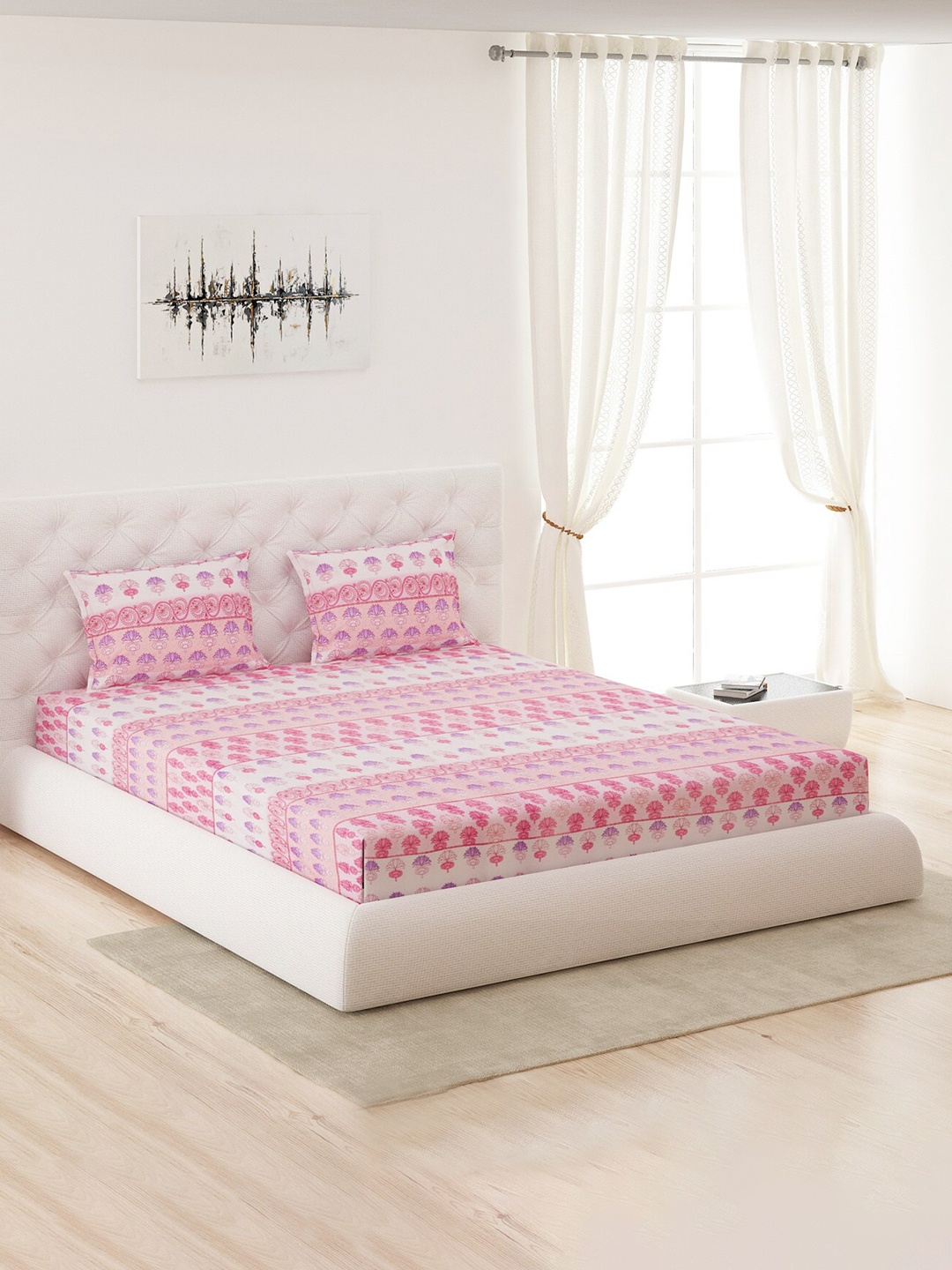 

Moca By Monte Carlo Floral Printed 120 TC Queen Bedsheet with 2 Pillow Covers, Pink