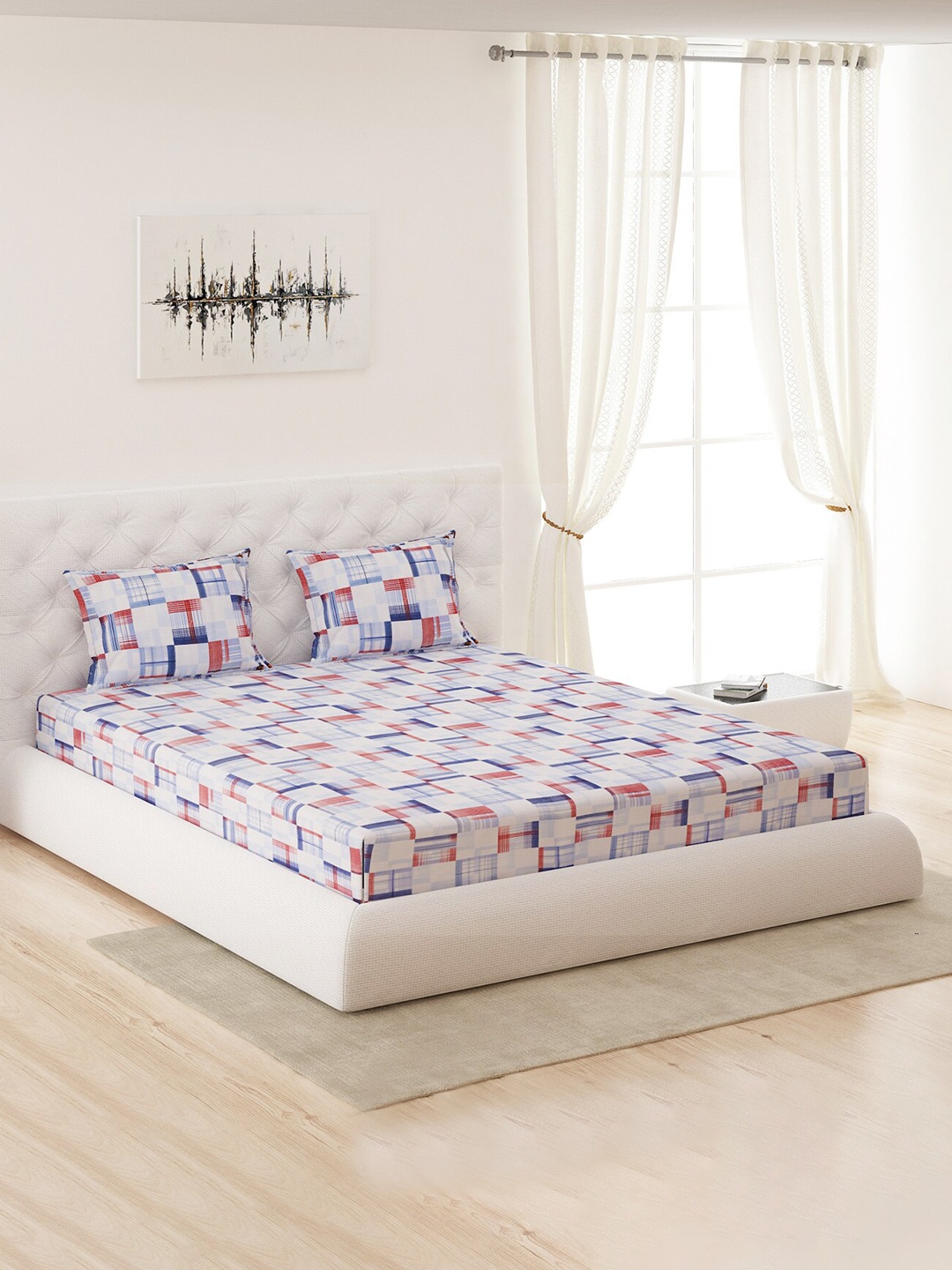 

Moca By Monte Carlo Blue & White Printed 120 TC Queen Bedsheet with 2 Pillow Covers