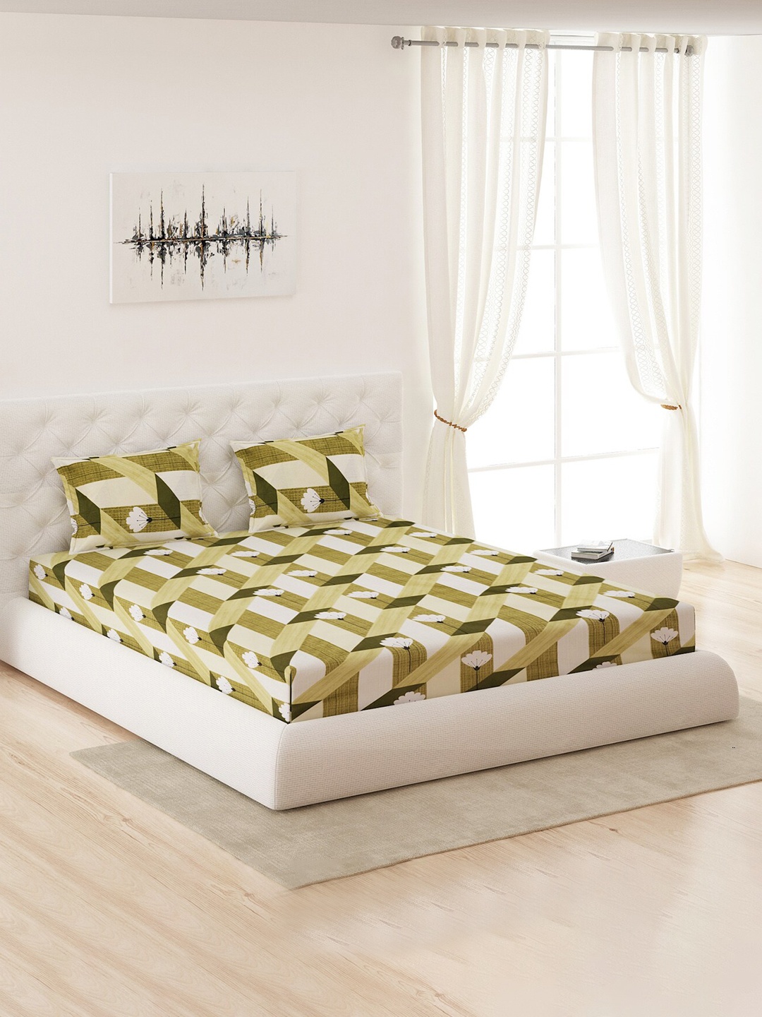 

Moca By Monte Carlo Geometric 120 TC Queen Bedsheet with 2 Pillow Covers, White
