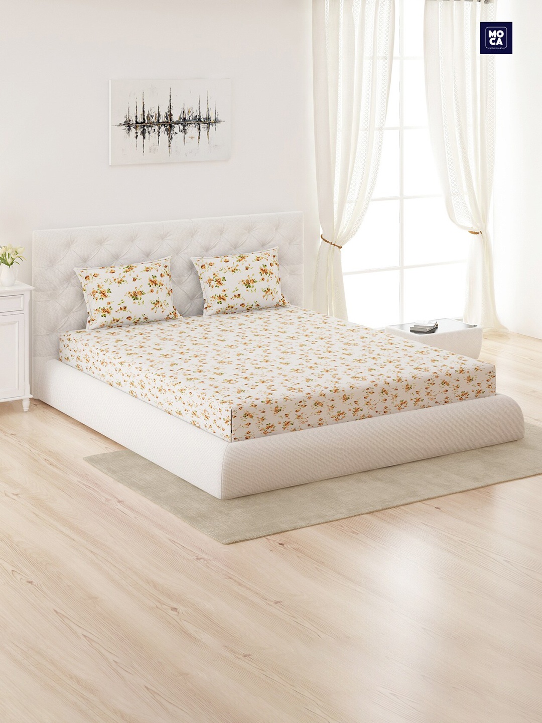 

Moca By Monte Carlo Floral 144 TC Queen Bedsheet with 2 Pillow Covers, White