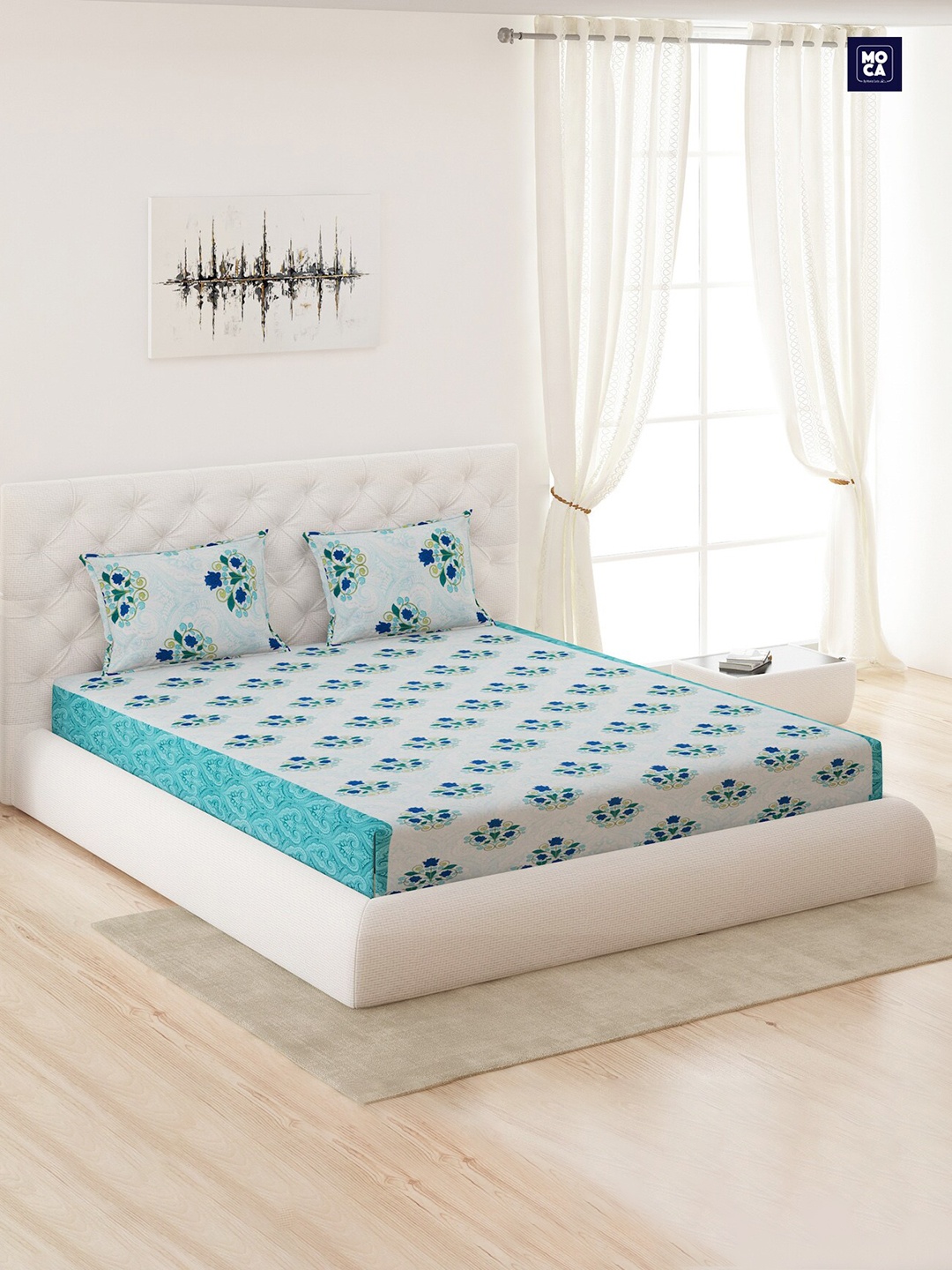 

Moca By Monte Carlo Ethnic Motifs 120 TC Queen Bedsheet with 2 Pillow Covers, Teal