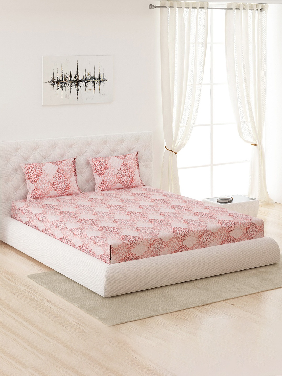 

Moca By Monte Carlo Peach-Coloured & White Cotton King Bedsheet with 2 Pillow Covers