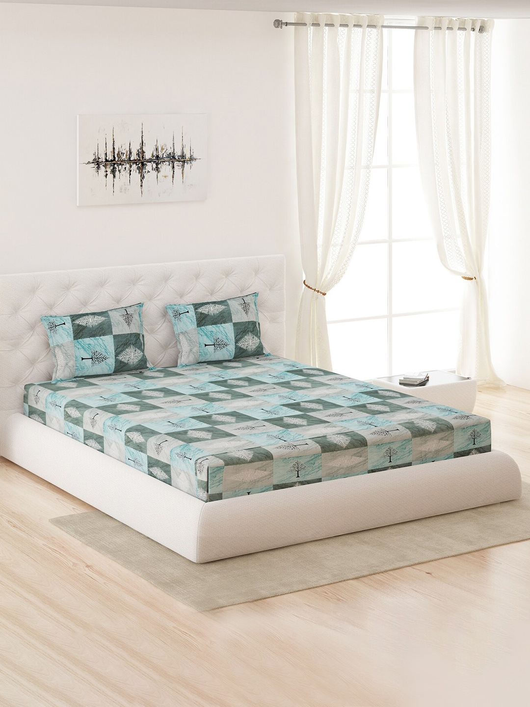 

Moca By Monte Carlo Blue & Grey 120 TC Queen Bedsheet with 2 Pillow Covers