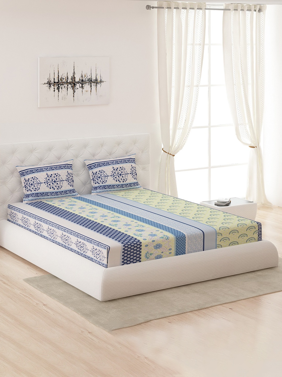 

Moca By Monte Carlo Blue & Yellow Floral 120 TC Queen Bedsheet with 2 Pillow Covers