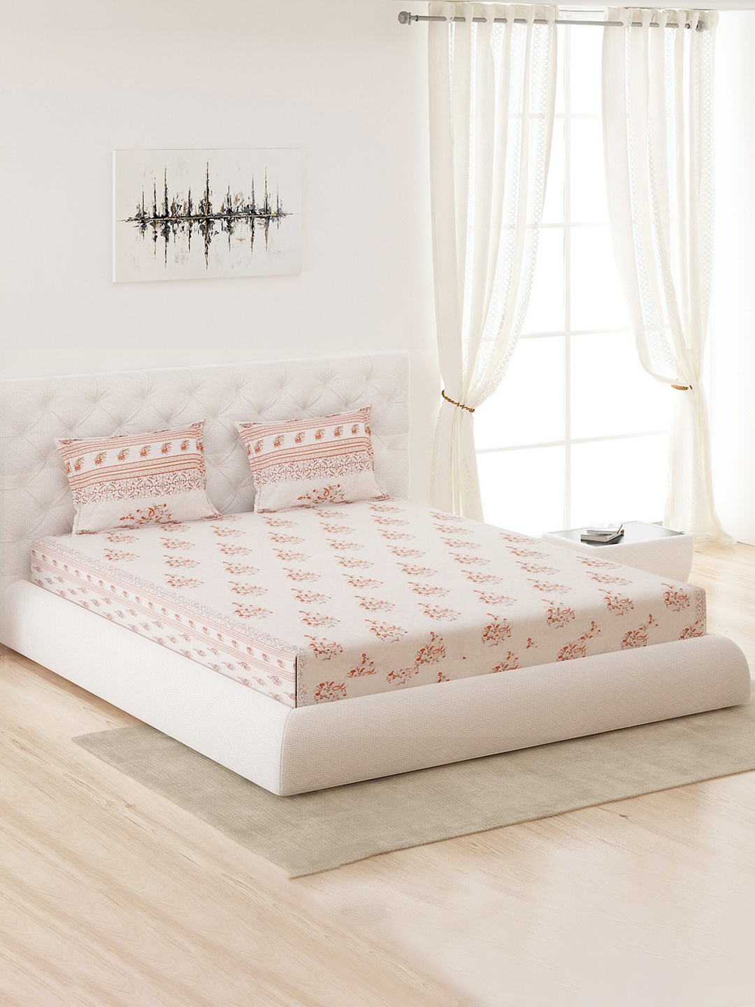 

Moca By Monte Carlo White & Peach-Coloured Ethnic Motifs 200 TC King Bedsheet with 2 Pillow Covers