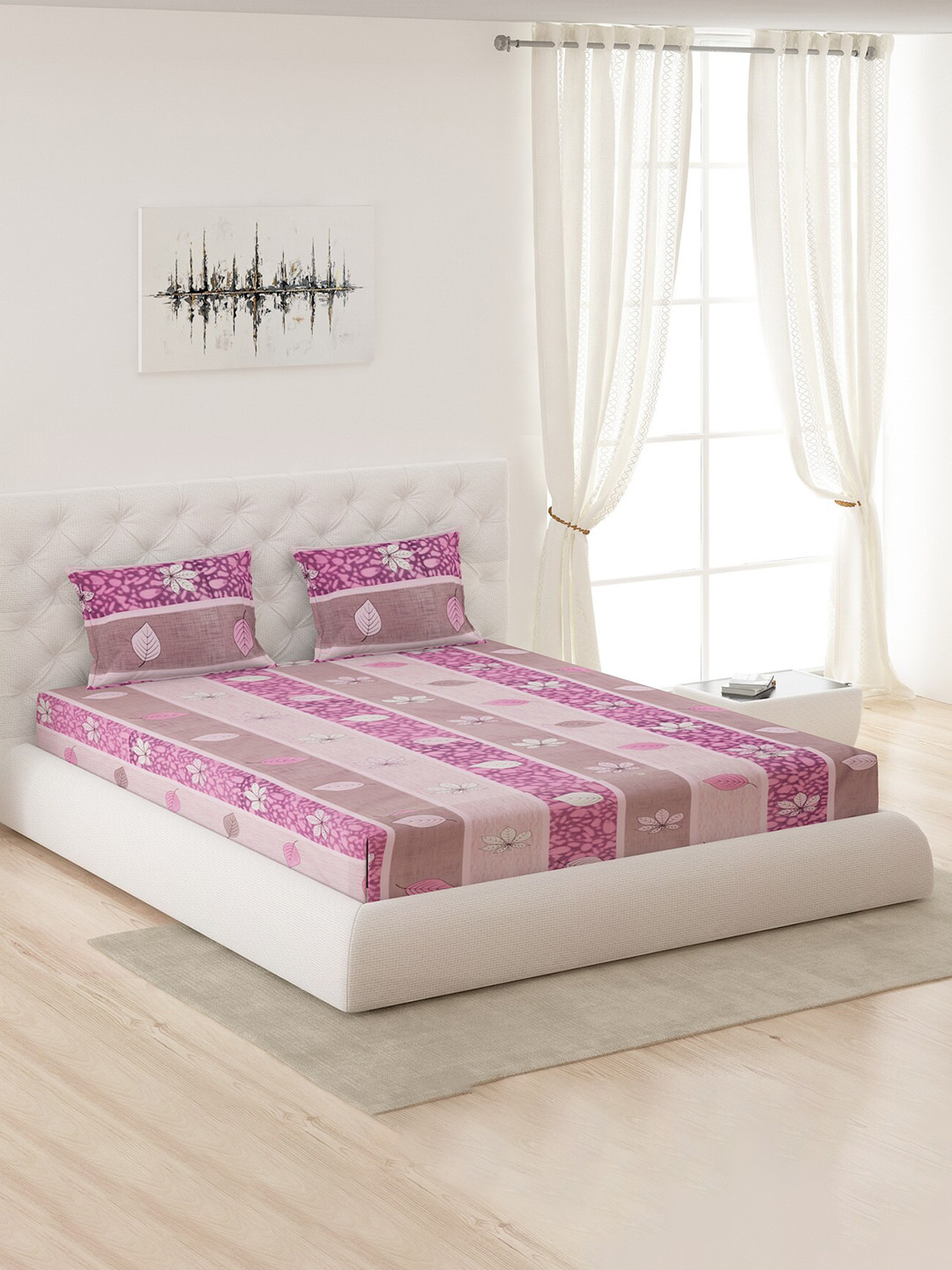 

Moca By Monte Carlo Purple & Pink Floral 120 TC Queen Bedsheet with 2 Pillow Covers