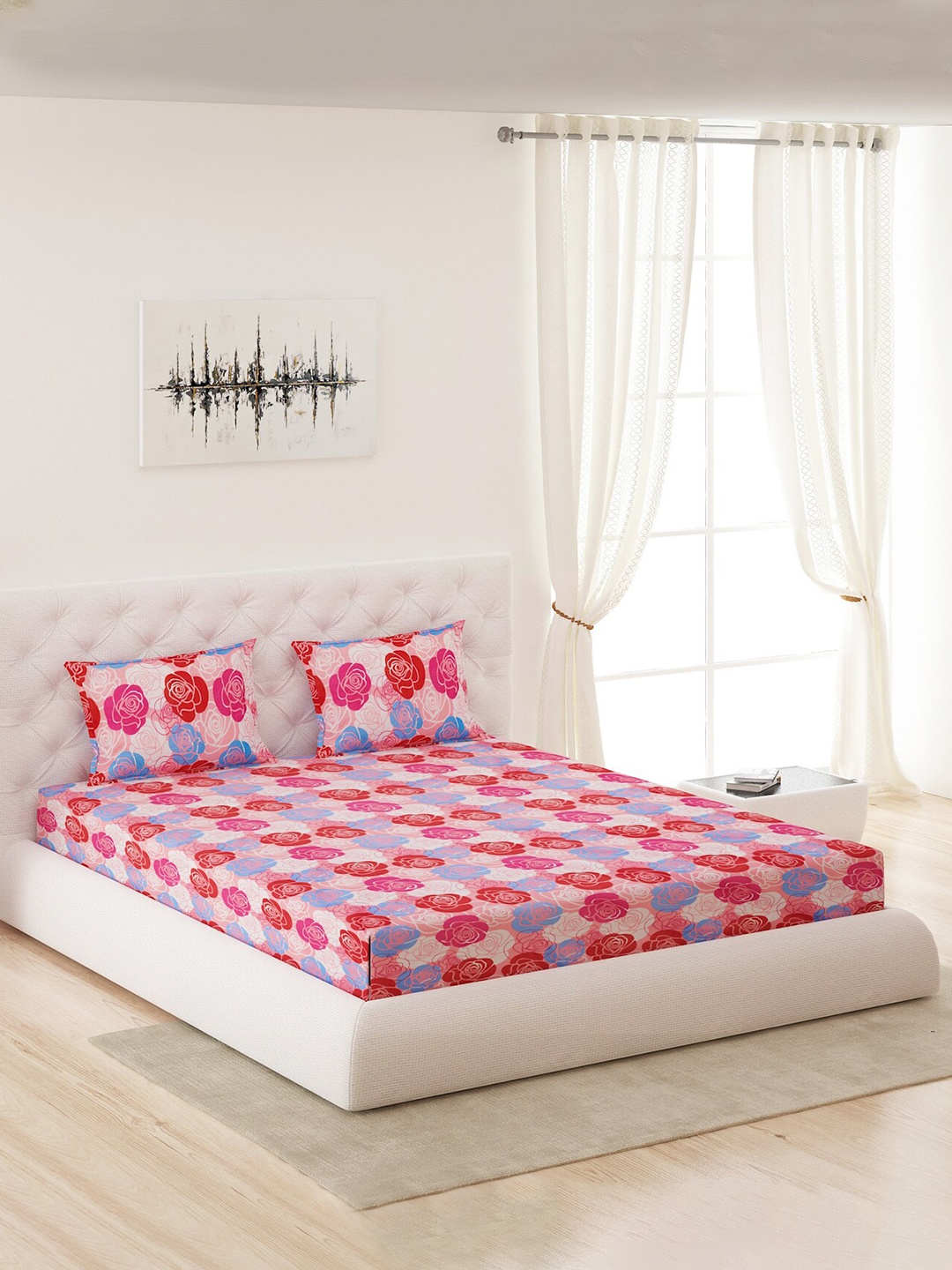 

Moca By Monte Carlo Pink & Red Floral 120 TC Queen Bedsheet with 2 Pillow Covers