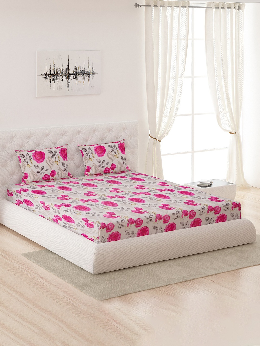 

Moca By Monte Carlo Off White & Pink Floral 120 TC Queen Bedsheet with 2 Pillow Covers