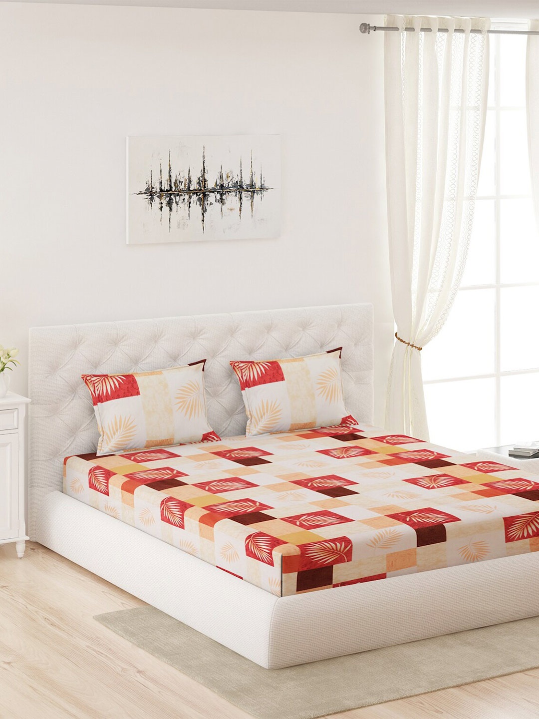

Moca By Monte Carlo Off White & Brown 120 TC Queen Bedsheet with 2 Pillow Covers